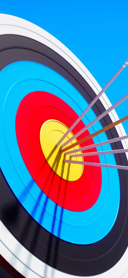 An archery target with several arrows clustered in the bullseye against bright blue
