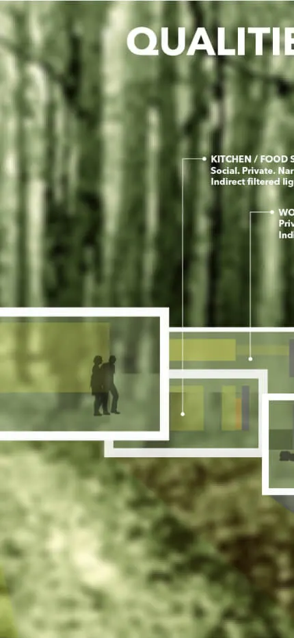 Architectural diagram titled "Qualities of Light and Space: Caroline House, The Long Architecture Project" showing annotated rooms set in a forest.