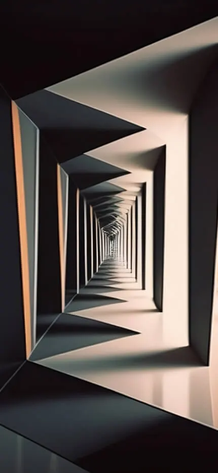 A surreal corridor of paneled doorways folding into an endless zigzag tunnel of light and shadow.