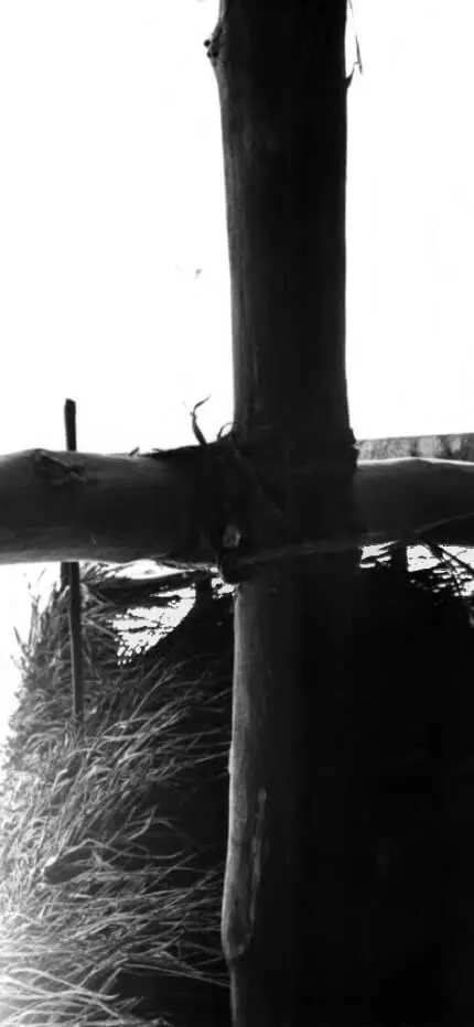 Black-and-white close-up of rough wooden poles lashed together in a cross, against a bright sky.