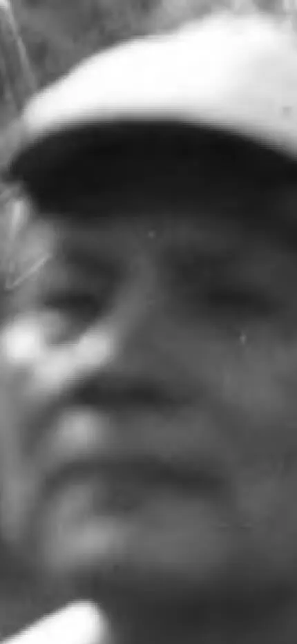 Extreme blurry black-and-white close-up of a man's face under a cap, leaves at the edge.