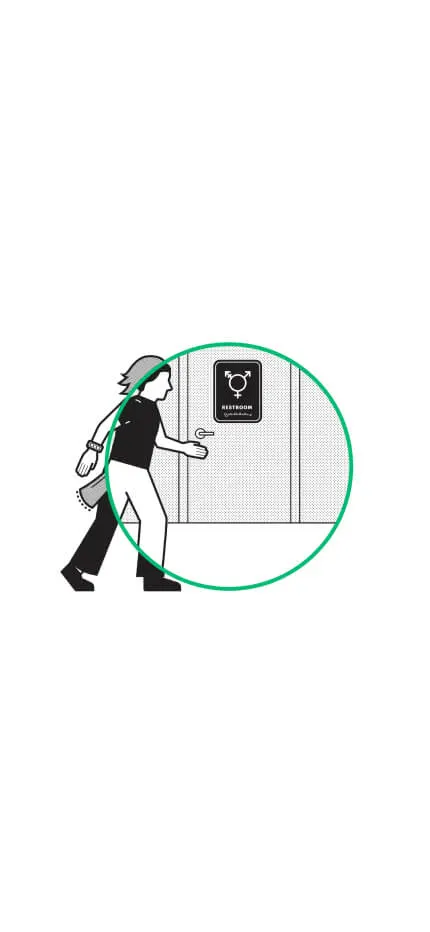 Illustration of a person stepping through a circle toward a door marked RESTROOM with an all-gender symbol.