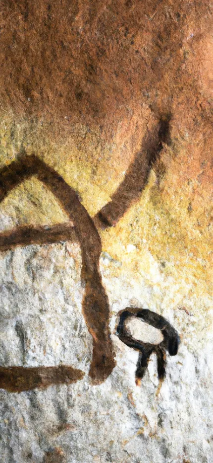 Cave-painting style illustration of a simple house outline daubed in brown on stone