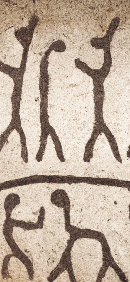 Row of six dark stick figures with raised arms, painted like prehistoric rock art