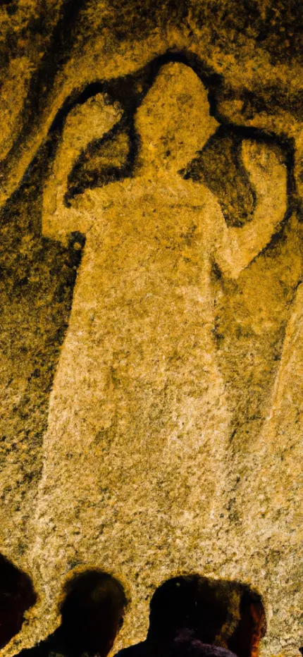 Painterly cave-wall image of a figure with hands raised to its head in golden light