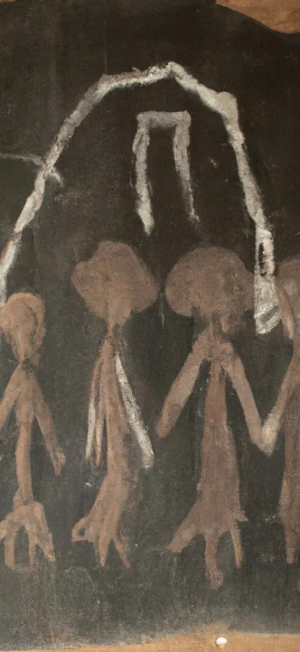 Illustrated cave-style painting of a line of brown figures standing together on dark rock