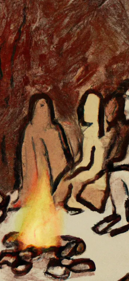 Painterly illustration of people seated in a circle around a glowing campfire