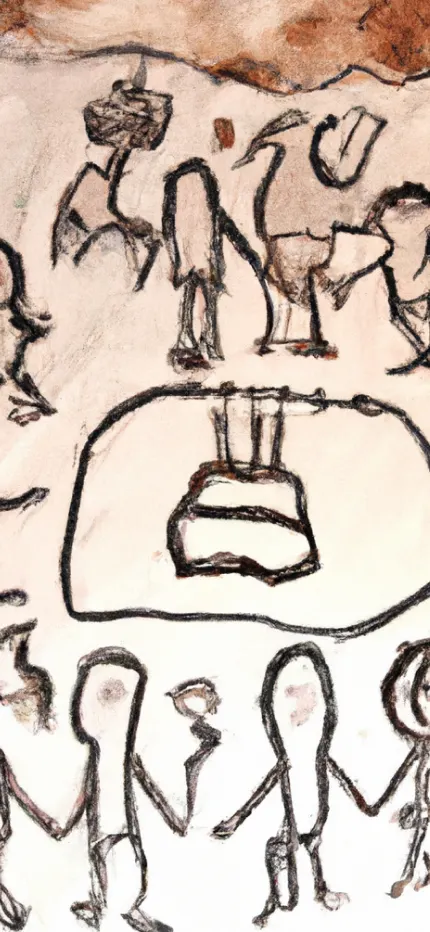 Childlike charcoal drawing of a crowd of stick figures gathered around a birthday cake