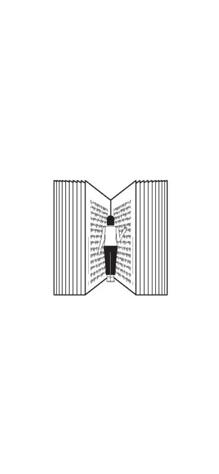 Line drawing of a person walking into the pages of a giant open book