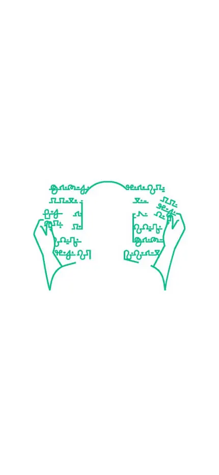 Green line drawing of two hands holding an open book whose text forms a head